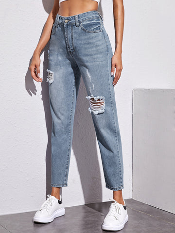 Ripped Washed Crop Jeans Without Belted