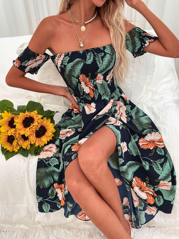 Tropical Print Shirred Bardot Wrap Dress