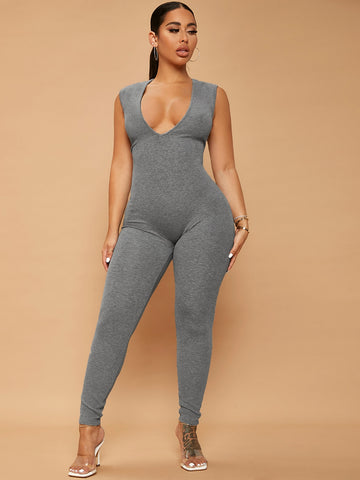 Plus Size Spring And Summer Casual Solid Color Deep V-Neck Sleeveless Tight Jumpsuit