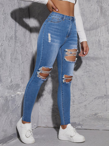 Cut Out Ripped Frayed Skinny Jeans