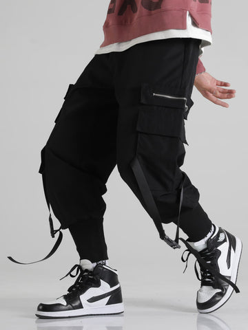 Loose Fit Men's Cargo Pants With Flap Pockets And Buckle Tape Detail