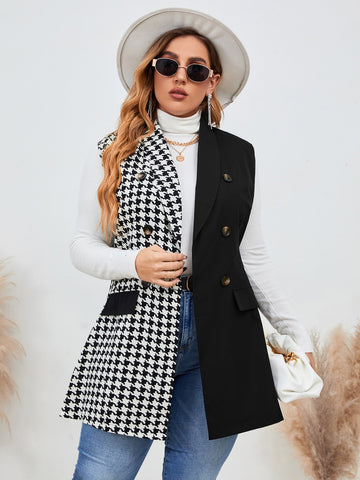 Plus Houndstooth Print Shawl Collar Double Breasted Vest Blazer
