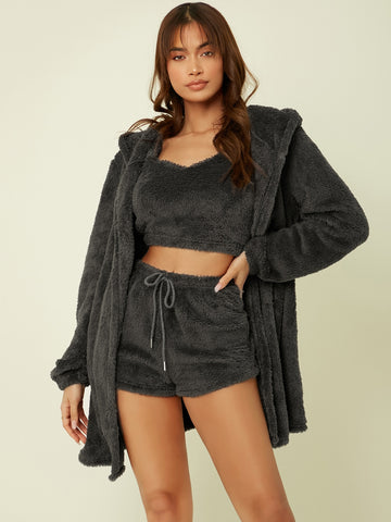 Crop Flannel Tank Top & Shorts And Hooded Robe Lounge Set