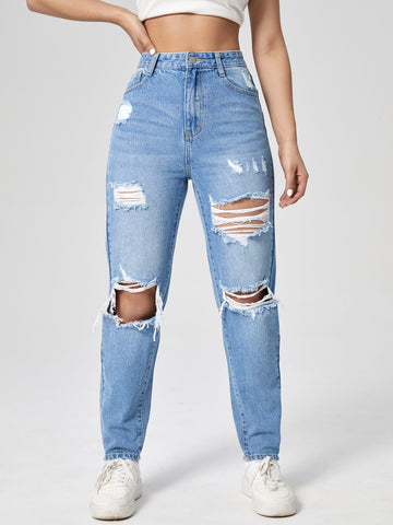 Washed Ripped Mom Jeans