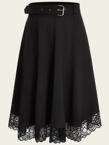 Plus Belted Contrast Lace Flared Skirt