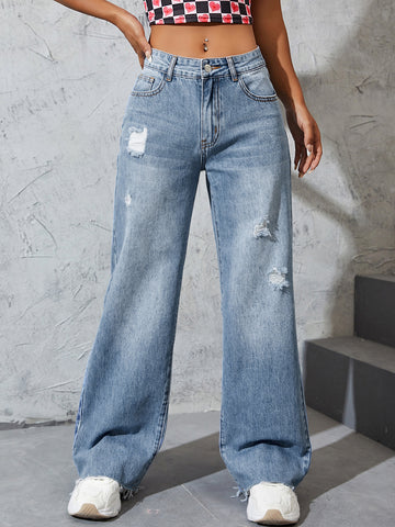 Ripped Raw Cut Baggy Jeans