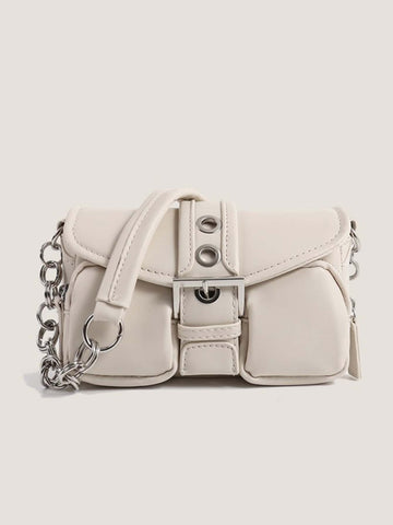Vintage Soft Leather Motorcycle Bag, Unique And Versatile Style, Large Capacity With Multiple Front Pockets, Chain Strap And Elegant Metal Details Satchel Bag Suitable For Office, Street Style And University, Shoulder Bag For White-collar Workers