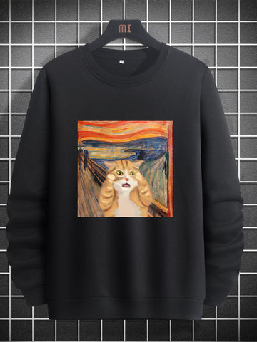 Men Cat Print Round Neck Sweatshirt