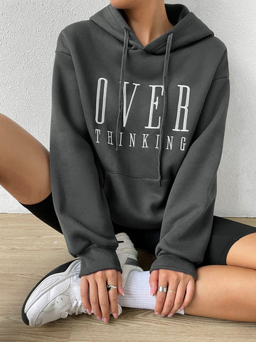 Letter Graphic Drop Shoulder Drawstring Thermal Lined Hoodie