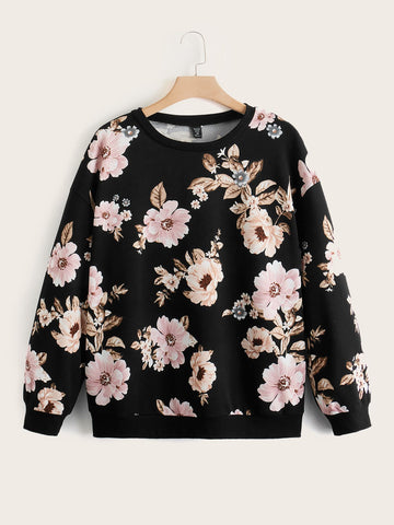 Plus Floral Print Drop Shoulder Sweatshirt