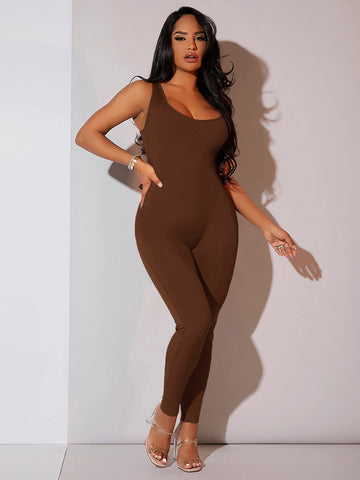 Solid Ribbed Knit Unitard Jumpsuit