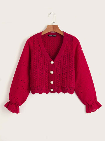 Pearl Button Front Scallop Trim Cardigan