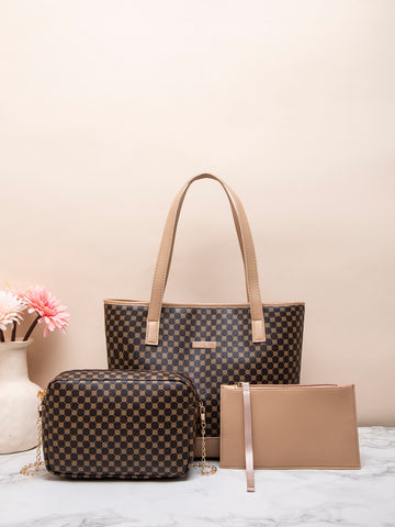 3pcs Geometric Pattern Metal Detail Shoulder Tote Bag Set,Clutch,Bag,Best Work Bag For Women