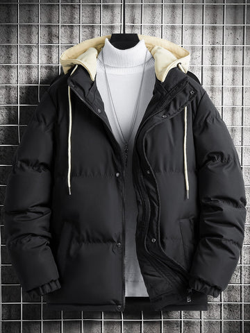 Loose Fit Men's Drawstring Hooded Puffer Coat (Without Inner Sweater)
