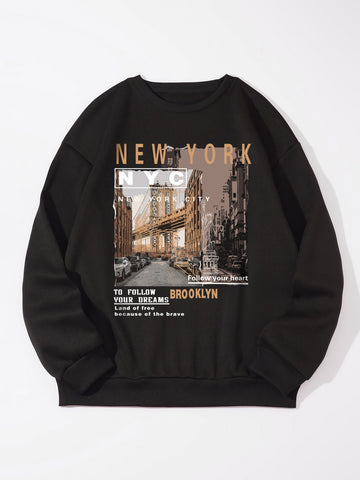 Men Slogan & Picture Print Thermal Lined Sweatshirt