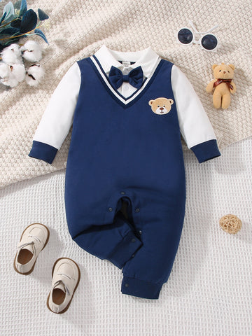 Baby Boy Bear Patched Striped Trim Bow Front Jumpsuit