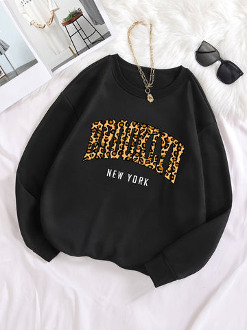 Plus Leopard & Letter Graphic Thermal Lined Sweatshirt