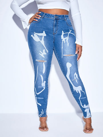 Plus High Waist Graphic Print Ripped Raw Cut Skinny Jeans
