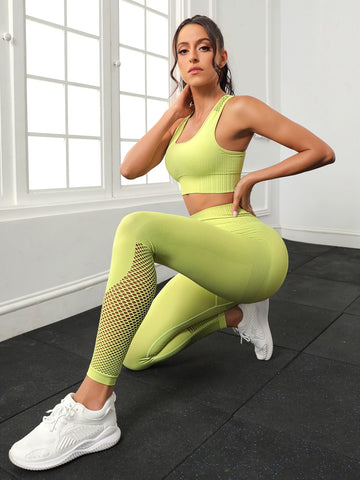 2pcs Seamless High Stretch Fitness Yoga Suit Tracksuit Gym Set Racer Back Top Hollow Out Tights