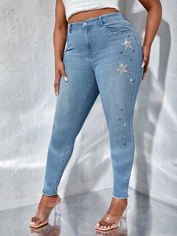 Plus Rhinestone Star Pattern Skinny Jeans