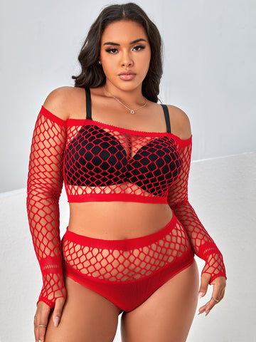 Plus Size Women's Fishnet One Shoulder Sexy Mesh Top And Pantyhose Set