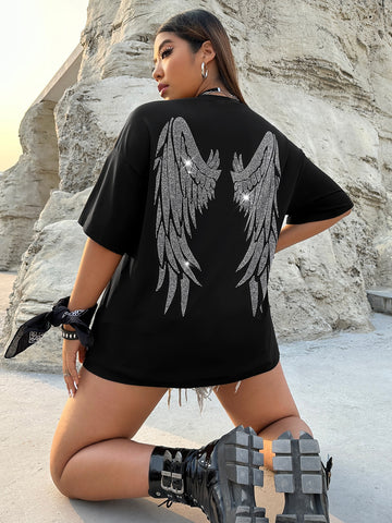 Plus Size Wing Rhinestone Decor T-Shirt
