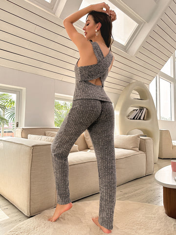 Cut Out Backless Ribbed Knit Lounge Set