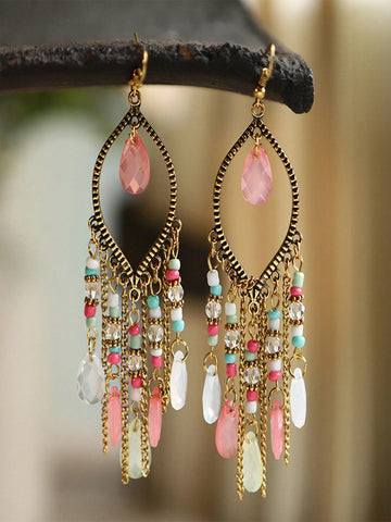 1pair Vintage Bead Decor Water Drop Earrings For Women For Daily Decoration