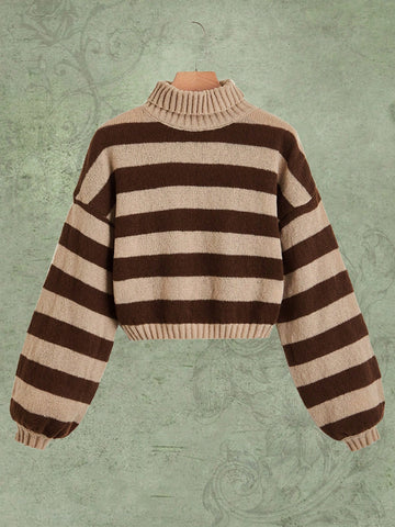 Striped Pattern Turtleneck Bishop Sleeve Sweater
