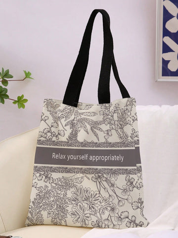 Fashion Shoulder Tote Bag Canvas Leaf & Letter Graphic Double Handle