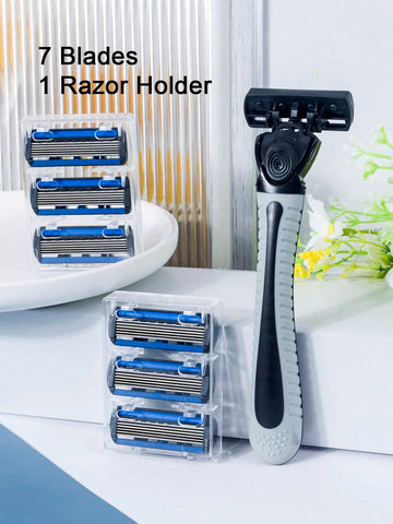 1 Handle + 7 Blades/ Men And Women Manual Safety Razor 6-Layer Stainless Steel Hair Removal Shaving Blades Replaceable Shaver Head
