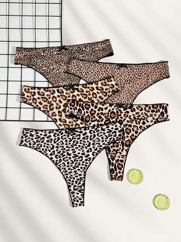 Plus 5pack Leopard Print Bow Front Panty