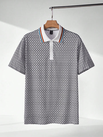 Men Geo Print Contrast Trim Polo Shirt