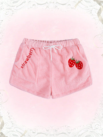 Women'S Plus Size Letter & Strawberry Embroidery Drawstring Waist Plush Shorts