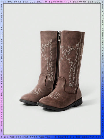 Girls Embroidered Detail Side Zip Western Boots For Outdoor