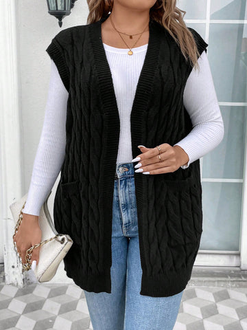 Plus Cable Knit Sleeveless Duster Cardigan