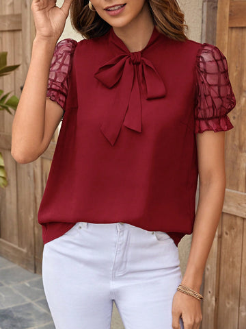 Contrast Mesh Puff Sleeve Tie Neck Blouse