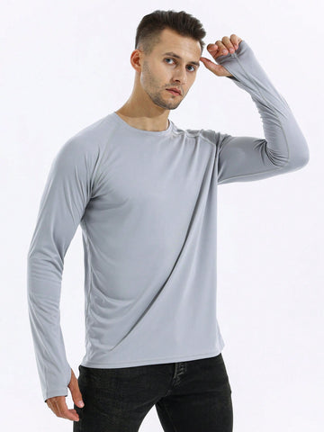 Men Solid Raglan Sleeve Sports Tee Workout Tops