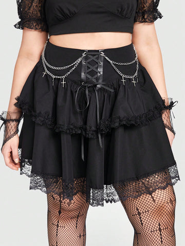 Plus Size Women Punk Style Cross Metal Decorated Ruffle Hem Skirt