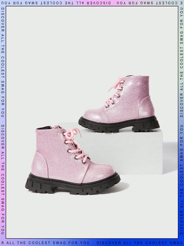 New Material Glitter Combat Boots For Toddler Girls, Lace-up Ankle Boots, Flat, Comfortable And Breathable