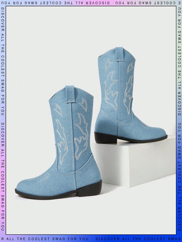Western Style Cowboy Boots For Toddler Girls With Embroidered Pattern, Round Toe, Comfortable, Breathable, Flat Heel