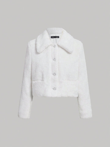 Solid Button Front Teddy Jacket