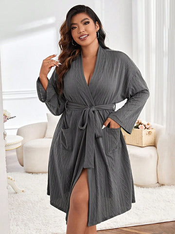 Plus Dual Pocket Belted Robe Without Lingerie