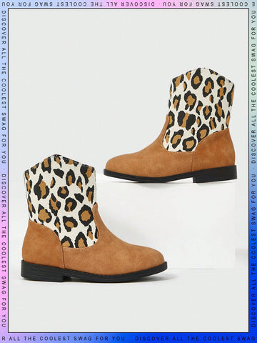 Fashionable Girls' Short Boots With Denim & Leopard Print Patchwork Pu Leather Design, Simple & Comfortable For Outdoor Street Style