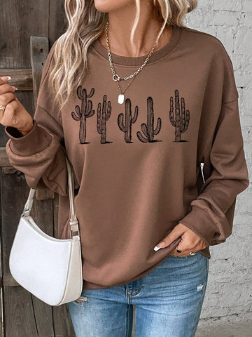 Women's Casual Cactus Pattern Oversized Round Neck Long Sleeve Sweatshirt, Suitable For Autumn And Winter