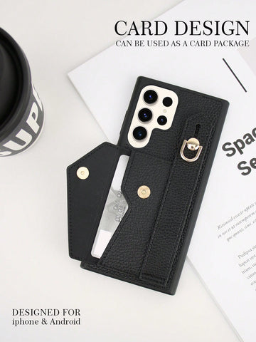 1 Black Card Holder With Wrist Strap Function Phone Case Compatible With Samsung Galaxy S20 S21 S22 S23 S24 Ultra A14 A15 A24 A34 A35 A53 A54 A55 A73 5G Note20  Xperia 5 V 10 IV 1 IV Apple IPhone11 12 13 14 15Pro Max Plus
