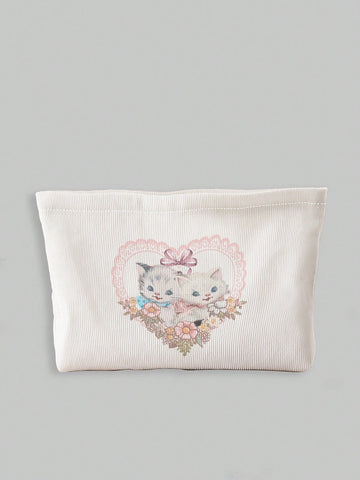 Hand-drawn Cute Cat Pattern Double-sided Printed Corduroy Cosmetic Bag