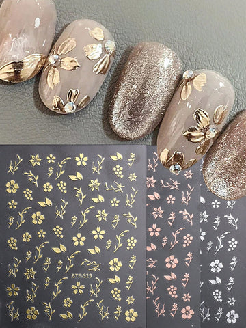 3pcs Flowers Nail Art Stickers Gold Rosegold White Spring Summer Simple Florals Petals Leaf Self Adhesive Decorations Nail Decals For Nail Tips Friend Gift