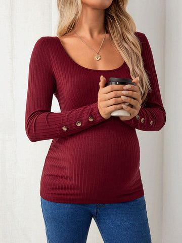 Maternity Scoop Neck Button Detail Ribbed Knit Tee