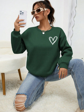 Heart Print Drop Shoulder Sweatshirt